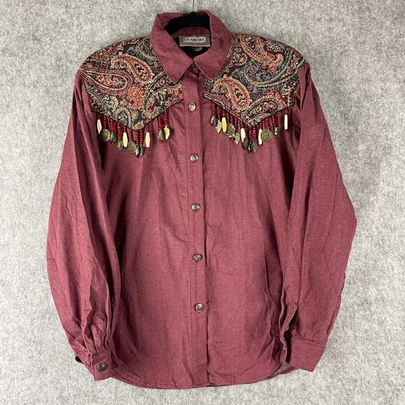 Starfire Tops - VTG Starfire Embellished Top Womens 12 Burgundy Beaded Jacquard Patch Western
